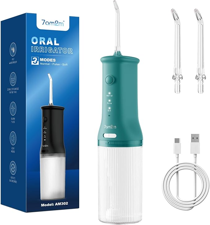 7AM2M Portable Cordless Water Flosser, Oral Irrigator with 3 Modes & 2 Tips, Fast Rechargeable, IPX7 Waterproof, Dental Water Flosser for Travel and Home Use (Peacock Green)