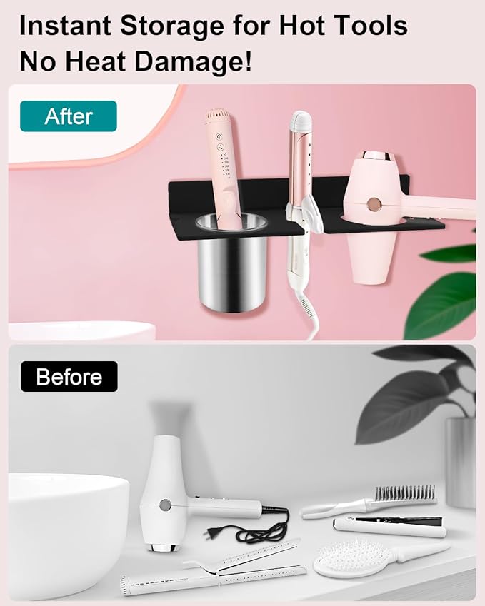 Hair Tool Organizer, Hair Dryer Holder with Heatproof Steel Cups, Acrylic Vanity Organizer for Curling Iron, Flat Iron & Hair Brushes, Perfect for Bathroom (Black, Compact)