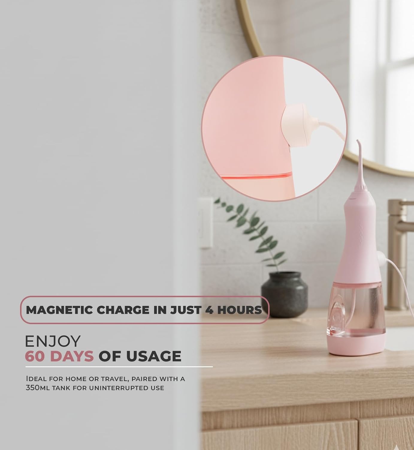 Dr. Aid Dental Water Flosser – Portable Oral Irrigator – 11Oz Tank, Water Filter, 5 Tips, Magnetic Charger – IPX8 Waterproof Cordless Water Flosser, Ideal Water Flossers for Teeth, Gums (Pink)