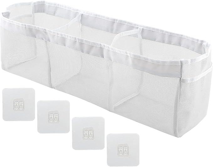 JIANWEI Bath Toy Organizer, 3 Compartment Bathtub Toy Storage Bag, Quick Access Bath Toy Holder with 4 Hooks, Mesh Shower Caddy Practical Supplies for Toy Organizer and Sorting(White)