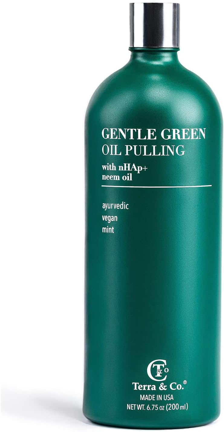 Terra & Co. Gentle Green Oil Pulling for Teeth and Gums - Vegan Natural Mouthwash No Alcohol or Fluoride to Improve Oral Health - Made with Cold Pressed Plant Oils and Nano Hydroxyapatite | 6.75 oz