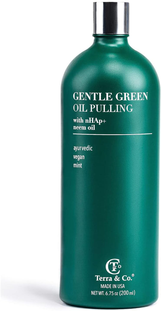 Terra & Co. Gentle Green Oil Pulling for Teeth and Gums - Vegan Natural Mouthwash No Alcohol or Fluoride to Improve Oral Health - Made with Cold Pressed Plant Oils and Nano Hydroxyapatite | 6.75 oz