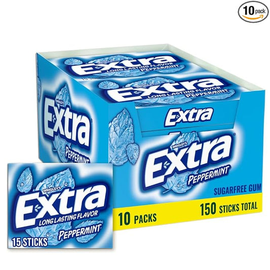 Extra Gum Peppermint Chewing Gum Bulk, Individually Wrapped, Perfect for Fresh Breath at School, Work, and Travel, 15 Count (Pack of 10)