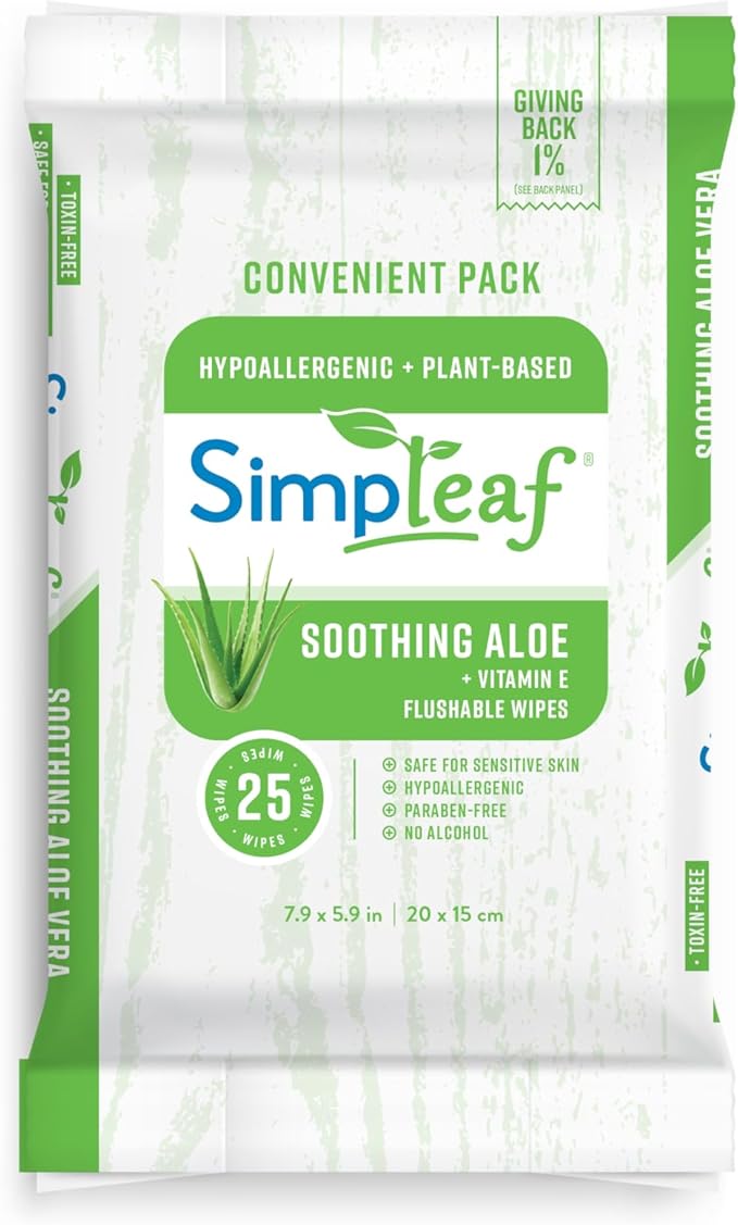 Simpleaf Flushable Wet Wipes Aloe Vera| Eco-Friendly, Paraben & Alcohol Free | Hypoallergenic & Safe for Sensitive Skin | Soothing Aloe Formula | (24 x 25 Counts Convenient Pack) 600 Counts Total