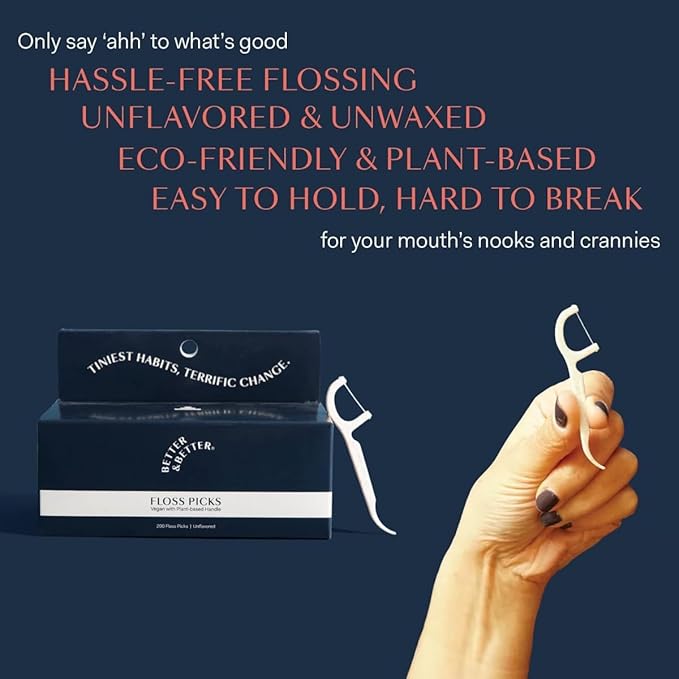 Better & Better Floss Picks (Box of 200) | Unflavored Vegan Dental Picks for Adults & Kids | Biodegradable Plant-Based Handles & Sturdy Floss Thread | Gluten, Cruelty & BPA-Free