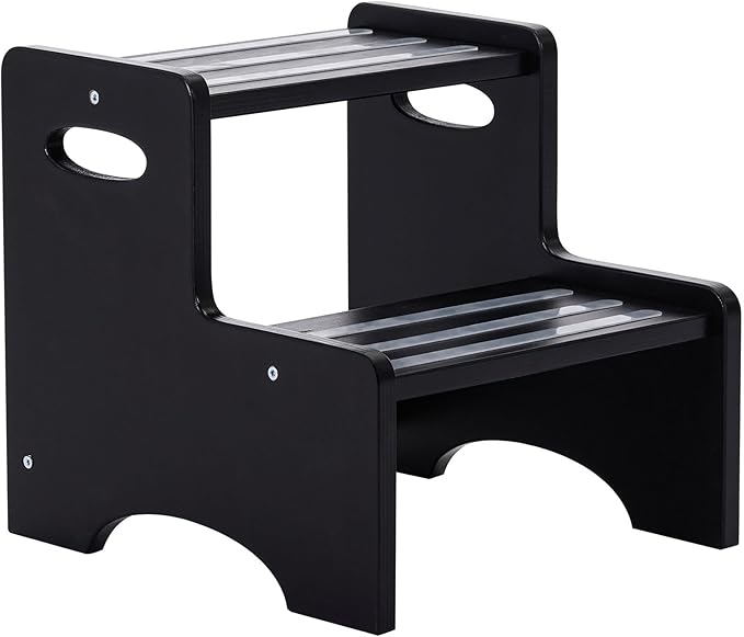 Wooden Step Stool for Kids, Toddler 2 Step Stool with Non-Slip Pads & Handles, Heavy Duty Potty Training Stool for Bathroom Sink, Toilet, Kitchen, Bedroom (Black)