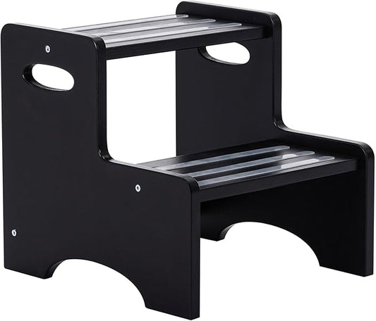 Wooden Step Stool for Kids, Toddler 2 Step Stool with Non-Slip Pads & Handles, Heavy Duty Potty Training Stool for Bathroom Sink, Toilet, Kitchen, Bedroom (Black)