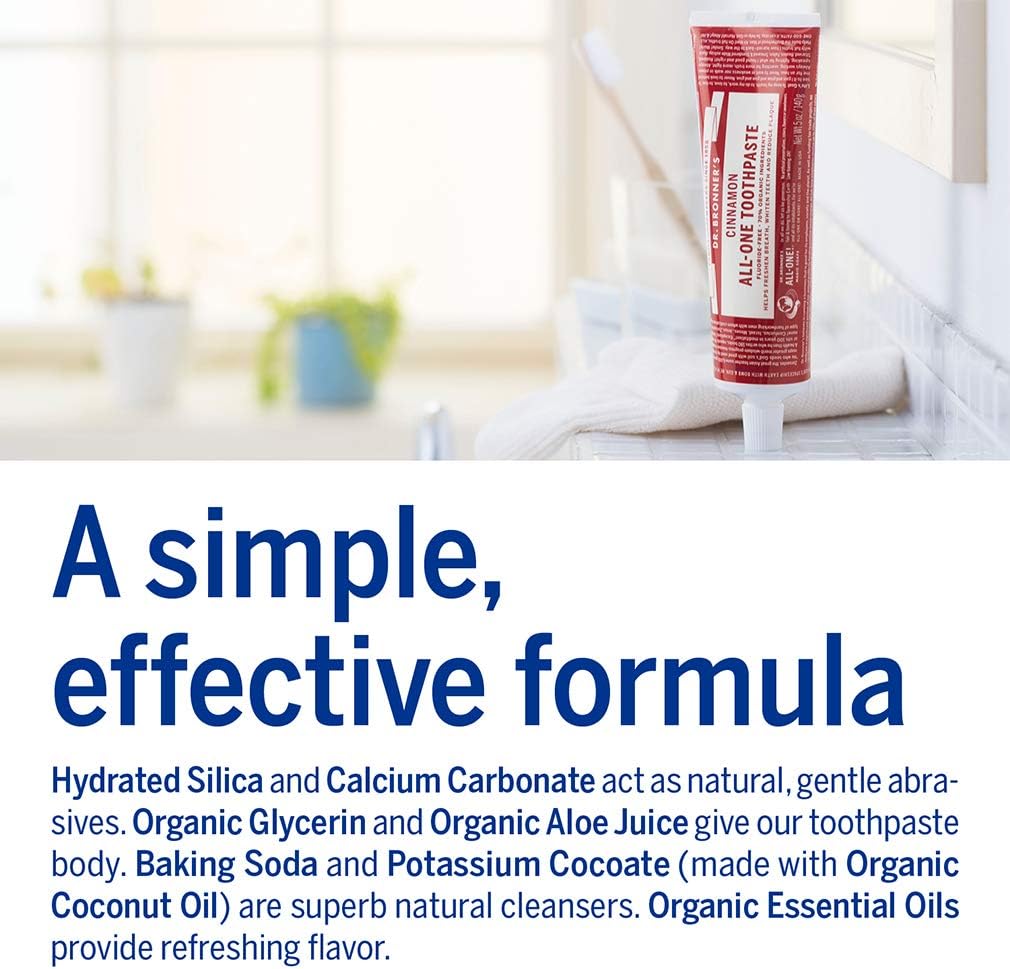 Dr. Bronner’s All-One Toothpaste– Cinnamon, 5 oz, 3-Pack– Fluoride-Free Toothpaste for Adults, SLS-Free, 70% Organic & Natural Ingredients, Vegan, Helps Freshen Breath, Reduce Plaque, Whiten Teeth