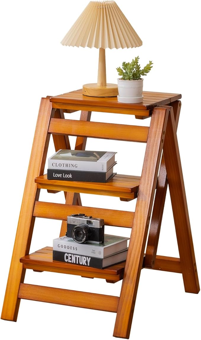 Latifolia Foldable 3 Step Ladder, Wooden Step Stool with Floor Saver, Decorative Ladder Shelf for Living Room, Kitchen, Garden(Walnut)