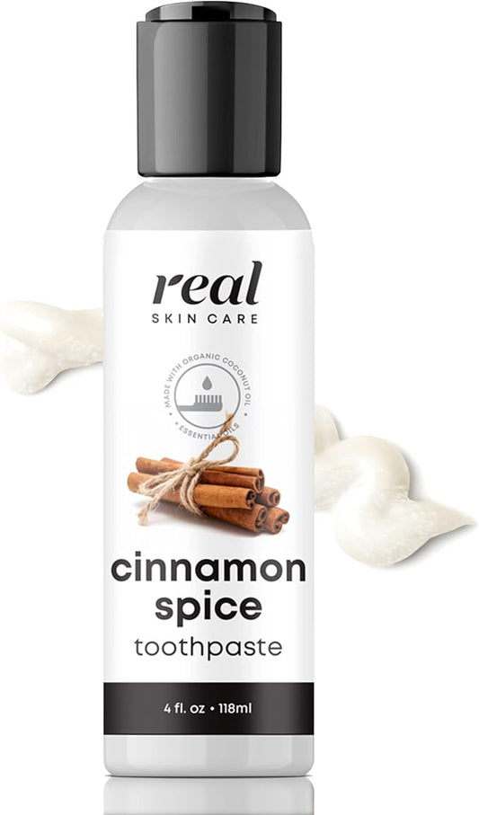 Real Skin Care Coconut Toothpaste | Handmade in USA | Cinnamon Spice | All Natural Organic Fluoride-Free Toothpaste for Healthy Smiles | Flavored for Adults & Kids with Essential Oils