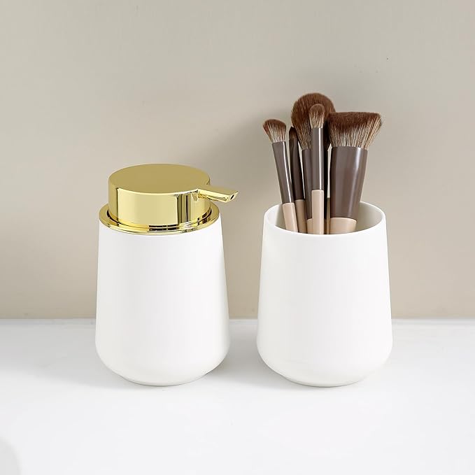 White and Gold Bathroom Accessories 2 Piece Set Luxury Matte Plastic Soap Dispenser and Toothbrush Holder for Modern Bathroom Decor