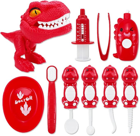 10PCS Plastic Dinosaur Simulation Dentist Play Set Animation Medical Kit Pretend Toy for Kids Hygienic Habbit Cultivation Role Play Game for Children 5 Models 4 Colors Simple OPP Bag Packaging (Red)