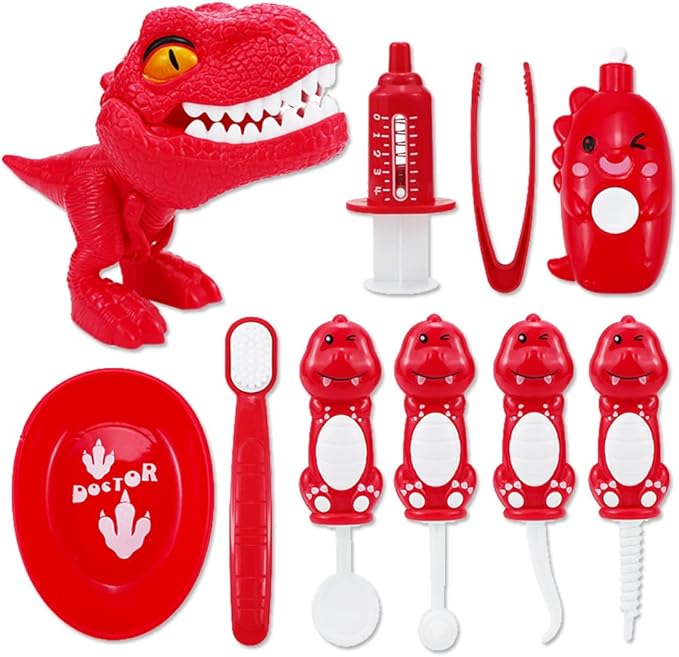 Bundle 19PCS = 9PCS Plastic Simulation Dentist Play Set （Pink） + 10PCS Plastic Dinosaur Simulation Dentist Play Set (Red)