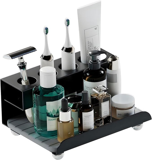 Quick Dry Electric Toothbrush Holder 4 Slots Metal Bathroom Counter Organizer for Toothpaste Razor Mouthwash, Black
