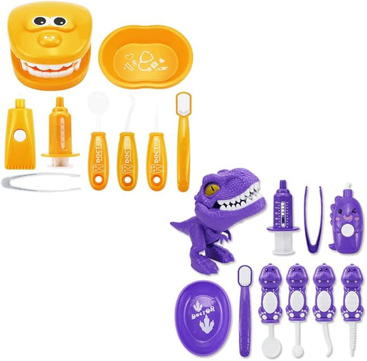 Bundle 19PCS = 9PCS Plastic Simulation Dentist Play Set （Orange） + 10PCS Plastic Dinosaur Simulation Dentist Play Set (Purple)
