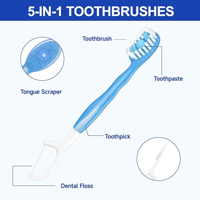 5 in 1 Mini Brushes Disposable Toothbrushes with Toothpaste + Tongue Scraper + Picks+Floss Travel Case Individually Wrapped Soft Travel Toothbursh Portable (Peppermint, 10)