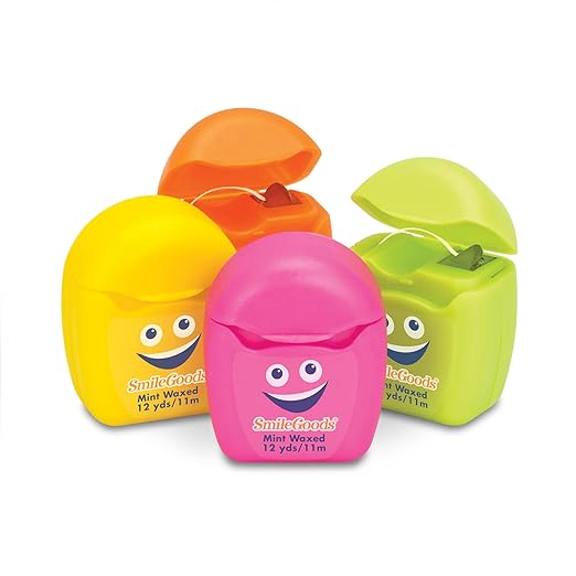 Practicon SmileGoods Cuties Mint Waxed 12 Yard Dental Floss, Mini Sample Size Floss for Giveaways, Travel, Kids, Adults, Patients, Assorted Bright Colors with Display Canister, Bulk 72 Pack
