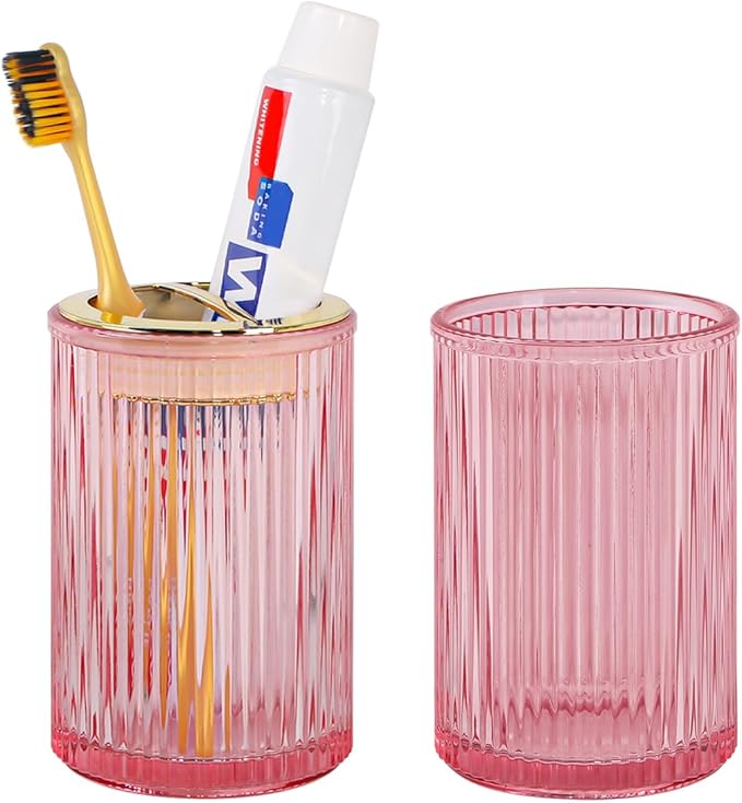 Pink Toothbrush Holders for Bathrooms, 2pcs Glass Toothbrush Holder, 12oz Gold Bathroom Tumbler Cup and Mouthwash Cup, Tooth Brush Cups and Toothpaste Organizer for Bathroom Countertop Decor
