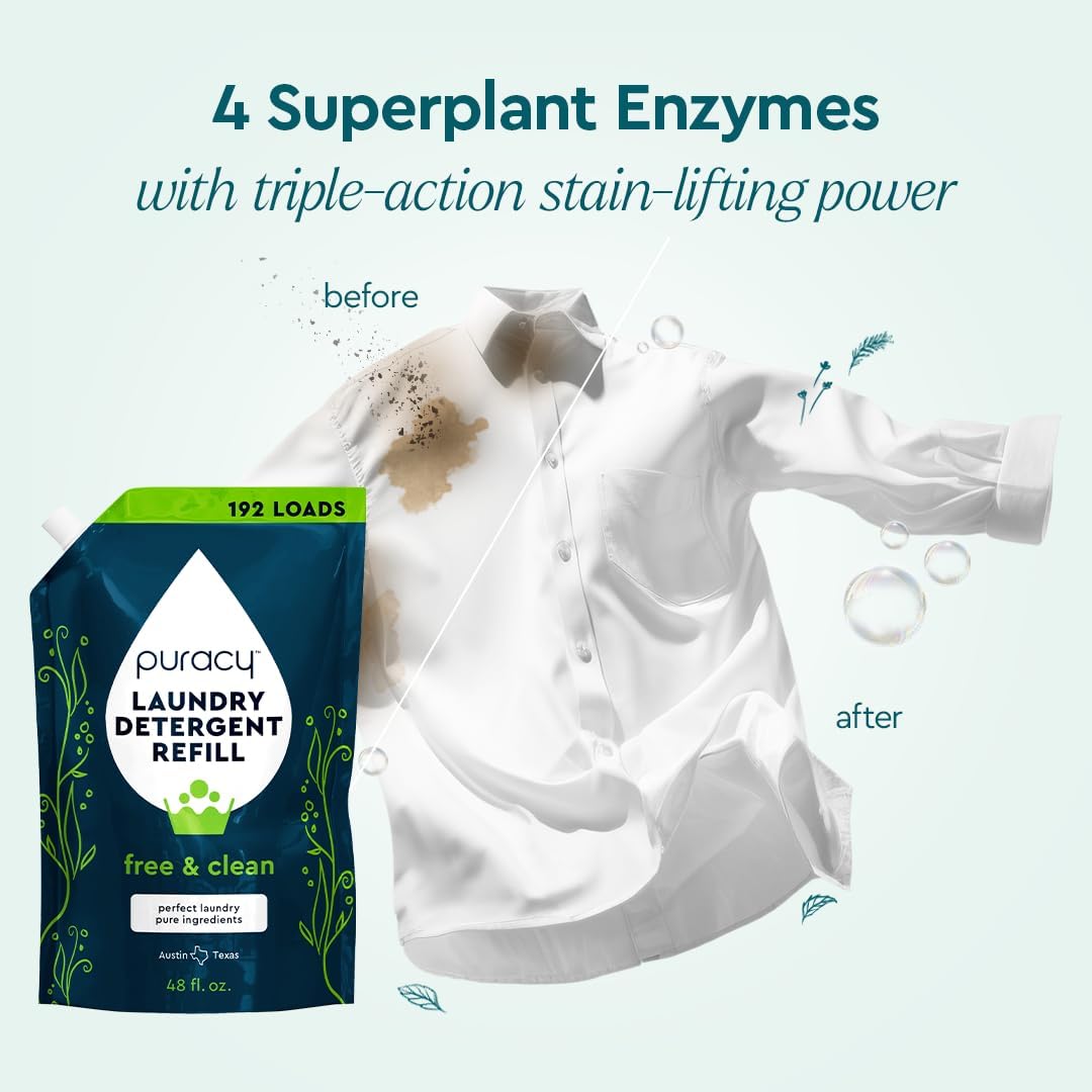 Puracy Laundry Detergent Refill - Enzyme-Powered Liquid Detergent Concentrate, Natural Laundry Detergent Seen on TikTok, Non-Toxic (Free & Clear, 48 fl oz, 192 Loads)
