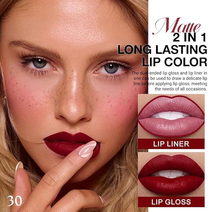1Pcs 2 in 1 0xblood Red Matte Lip Liner and Liquid Lipstick Stain Makeup Set for women, Red Long Lasting Smudge Proof Lip Tint Matte Finish Lip Gloss for All-Day Color Hold Easy to Use 30#