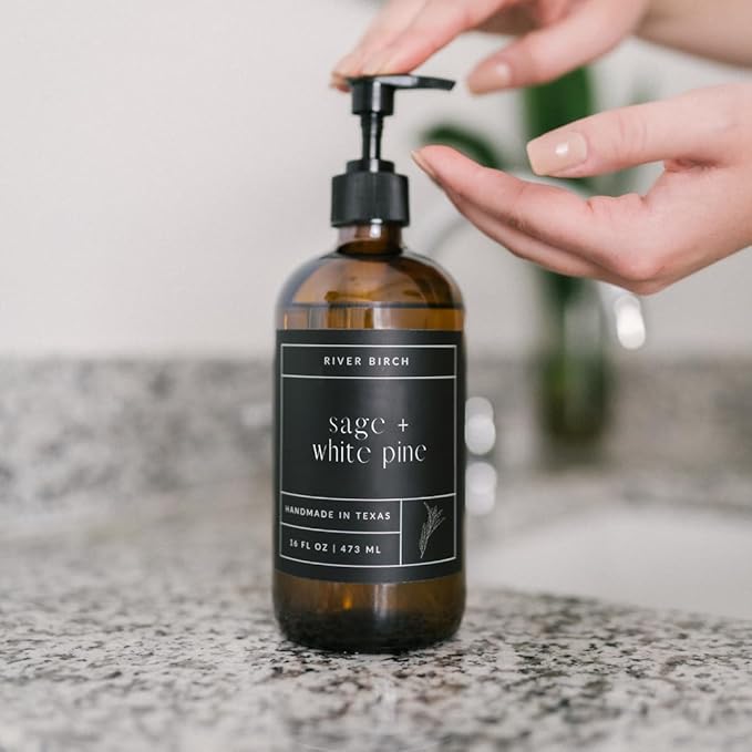 River Birch Sage + White Pine Scented Natural Hand Soap - Handmade Soap - Moisturizing Hand Wash with Amber Glass Dispenser - Luxury Scented and Hydrating - Vegan and Non-Toxic - 16 Fl Oz