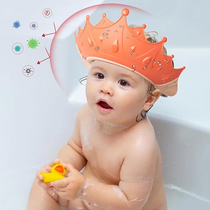 FUNUPUP Kids Shower Cap, 2 Pack Adjustable Toddler Hair Washing Bathing Cap Shield Visor Shampoo Cap Protect Baby Eyes (Crown, Pink and Yellow)