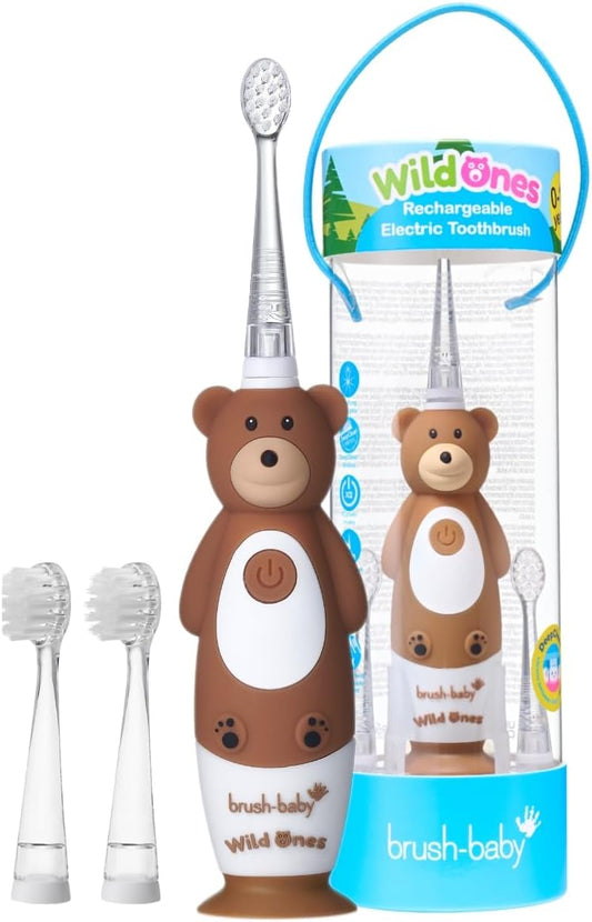 brush-baby - Kids Rechargeable Electric Toothbrush, 0-10 Years - WildOnes, Bear Design with Flashing Lights - DeepClean Bristles for Superior Clean - 2X Replacement Heads, 1x USB Cable