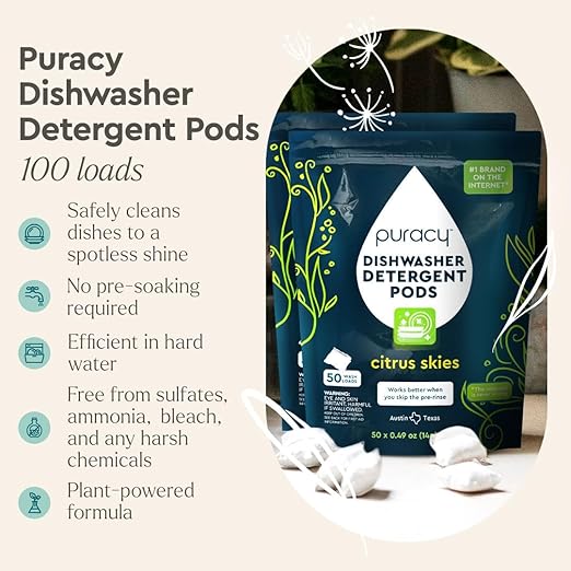 Puracy Dishwasher Pods, Natural Dishwasher Detergent, Citrus Skies Dish tabs - Enzyme-Powered, Spot & Residue Free - TikTok Trend Items, Must Haves from TikTok (Citrus Skies, 50 Count - 2 Pack)