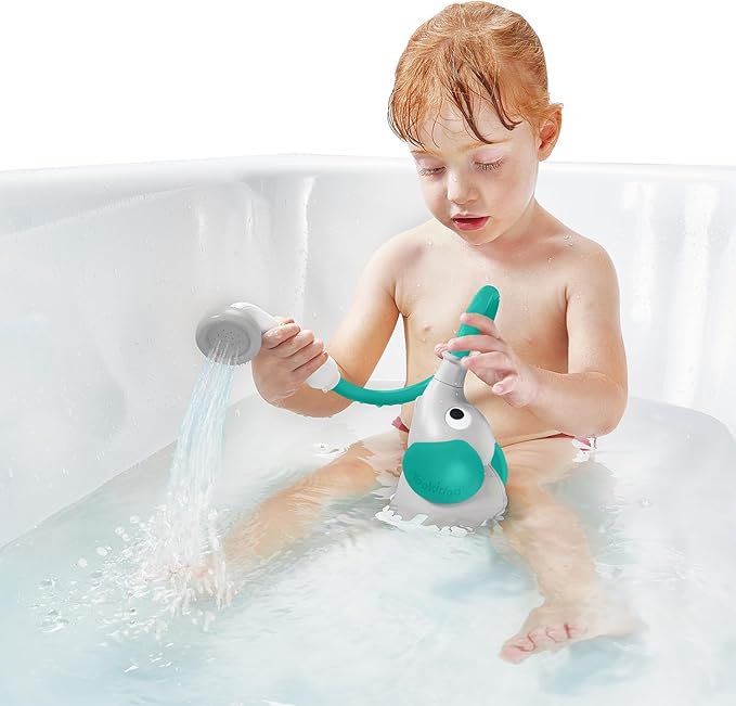 Yookidoo Baby Bath Shower Head - Elephant Water Pump with Trunk Spout Rinser - Control Water Flow from 2 Knobs for Maximum Fun in Tub or Sink for Newborn Babies (Grey and Forest Green)