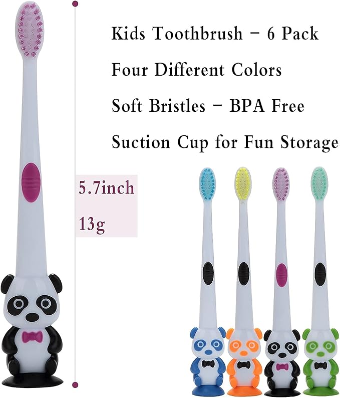 Newday Kids toothbrushes 6 Pack Set Soft Bristles with Suction Cup, Includes Travel Covers, Bear Panda toothbrushes for Kids Boys & Girls, Toddlers &Children Teeth Age 3+