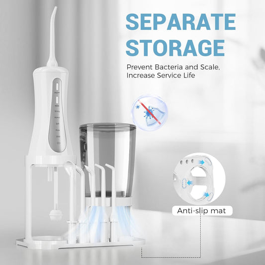 350ML Water Dental Flosser Teeth with Stand Convenient Storage, 5 Modes Portable Cordless Oral Irrigator, Electric Rechargeable IPX7 Waterproof for Home Travel Teeth Cleaning (White)