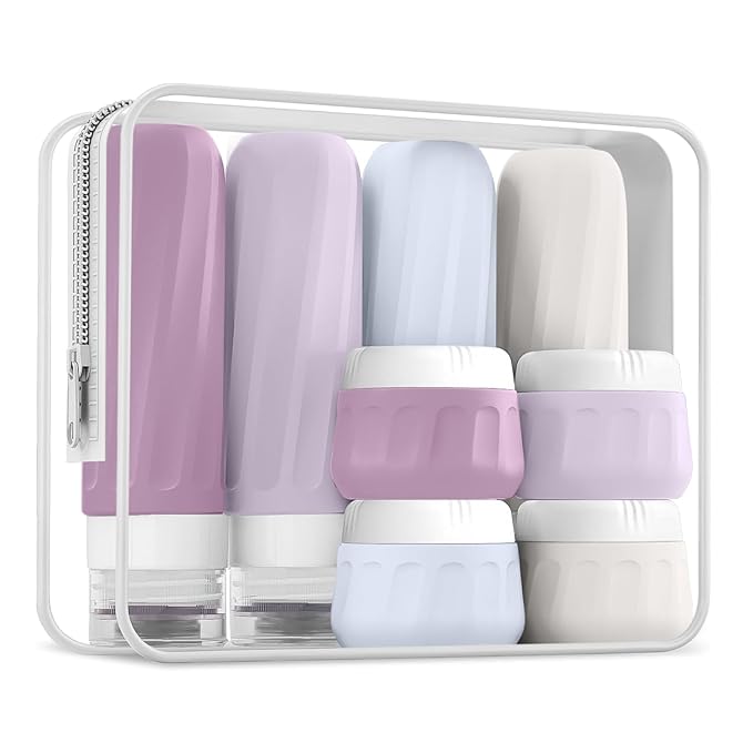 Travel Size Toiletries 8 Pack, TSA Approved 3oz/1oz Silicone Refillable Containers with Clear Travel Bag