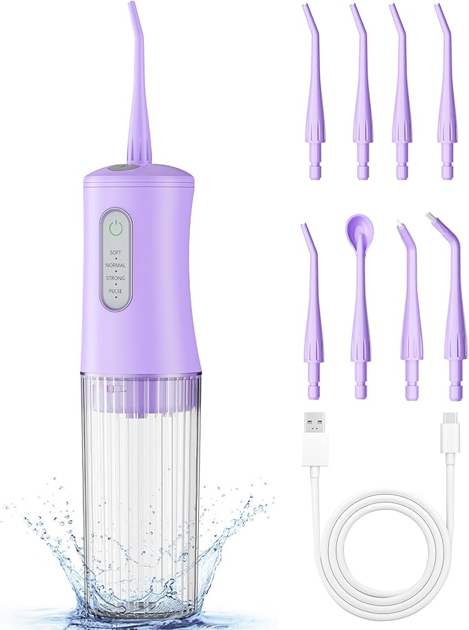 Cordless Water Flosser for Teeth Cleaning Pick - Electric Dental Irrigator with 4 Cleaning Modes & 8 Jet Tips, IPX7 Waterproof, Portable Rechargeable Design for Home & Travel Use,Purple