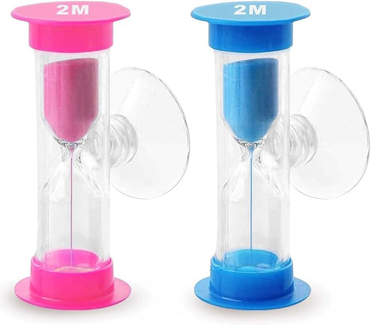 2 Minute Sand Timer with Sauction Cup, Small Blue and Pink Acrylic Hourglass Sand Clock Set, Plastic Glass Mini Sandglass for Classroom Games Kitchen (Pack of 2)