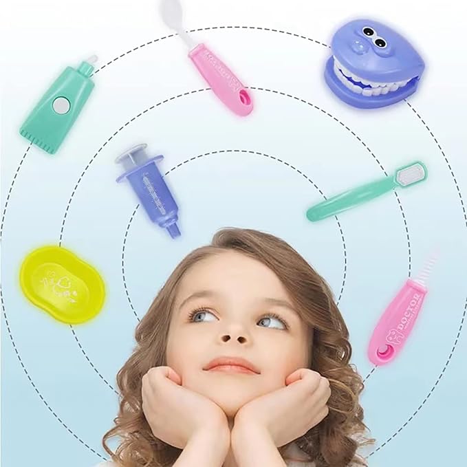 Dental Early Education Brushing Toys, 9Pcs/Set Children Role Play Toys Crocodile Early Education Cartoon Tooth Brushing Model Preschool Education Toy Dentist Game for Kids Classroom Pink