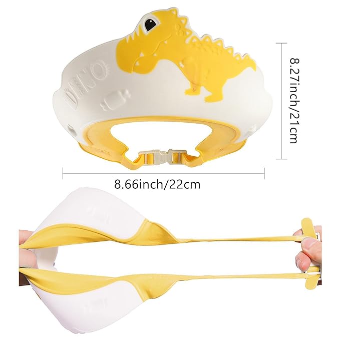 FUNUPUP 2 Pack Kids Shower Cap, Adjustable Toddler Hair Washing Bathing Cap Shield Visor Shampoo Cap Protect Baby Eyes (Dinosaur Red + Dinosaur Yellow)