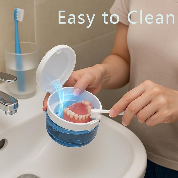 Leak-proof denture cup and travel case with mirror, brush, filter and tools. Multi-purpose denture cleaning kit with filter for denturesretainers and aligners