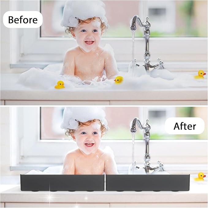 Bathtub Splash Guard for Tub - Silicone Tub Water Splash Guard with 4 Suction Cups, Bath Toy Tray Holder, Tub Shelf for Kids, Bathroom Accessories for Children, Toddler & Baby Bath, 1Pack, Black