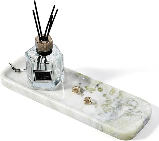 Koville Marble Tray for Bathroom Sink, 12"x4" Natural Stone Vanity Tray for Kitchen Dresser Countertop, Rectangular Decorative Marble Tray for Jewelry Perfume Trinket(Bianco Palomino)