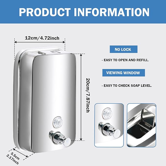 2 Pack 1000ml Hand Soap Dispenser, Commercial Soap Dispenser Wall Mounted, Stainless Steel Refillable Soap Liquid Dispenser for Bathrooms, Toilets, Hotels, Restaurants (Silver)