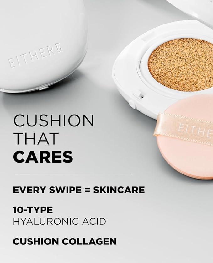 EITHER& Glow Pixel Cushion Foundation, Natural Coverage, Glow Finish – Up to 100 Hours, Moisturizing and Hydrating, Korean Beauty (#17N Vanilla, 12g)