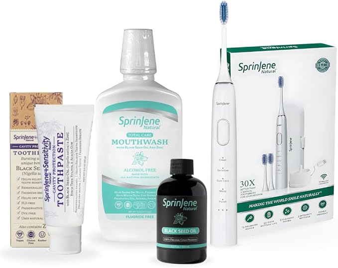 SprinJene Natural Fluoride Toothpaste for Sensitive Teeth & Gum (1 Pack) + Fluoride Free Mouthwash + Electric Toothbrush with Wireless Charger