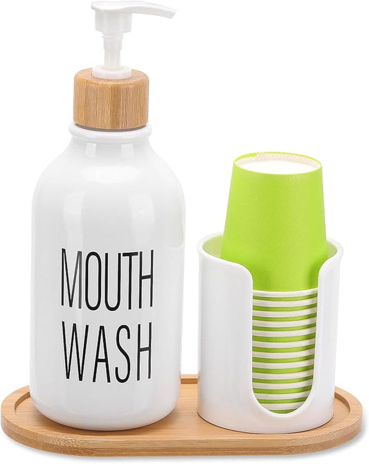 Mouthwash Dispenser with Cup Holder, Plastic White Mouth Wash Pump Bottle with Tray for Bathroom Organizers, 17oz Refillable Clear Mouthwash Container