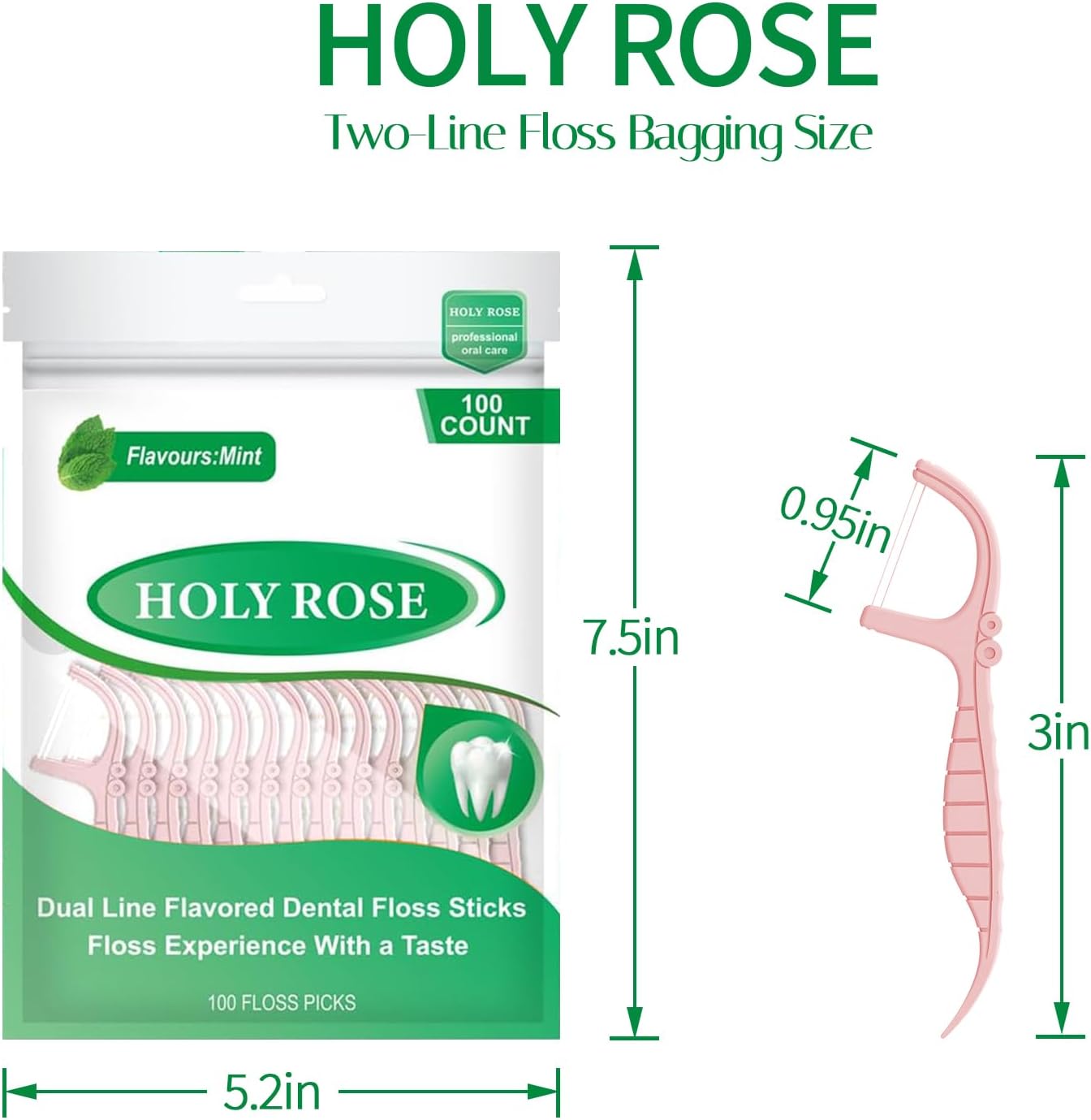 Holy rose Dual-Line Dental Floss Picks - Pink Flossers 300 Count,End with Toothpick - Mint Flavored for Oral Cleaning & Fresh Breath-and Ideal for Daily Teeth Care