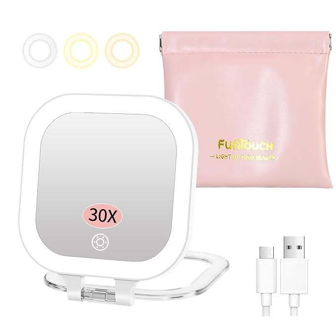 FUNTOUCH Travel Makeup Mirror with Light, 1X/30X Magnifying Mirror with 3 Light Settings & Adjustable Brightness,Rechargeable Folding Compact Double Sides Mirrorwith PU Bag, White