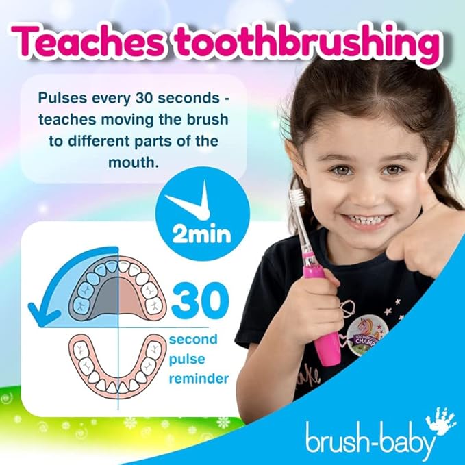 brush-baby - KidzSonic Unicorn Kids Electric Toothbrush, Ages 3+ Years - DeepClean Bristles, Suction Base - Fun Design with Flashing Lights - 2 x Replacement Heads & 1 x AAA Battery