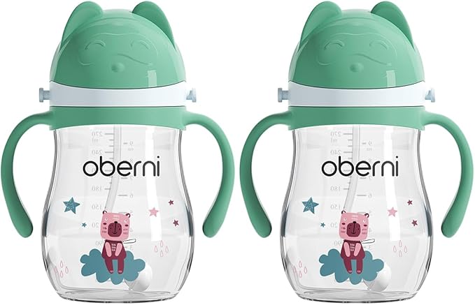 Tritan Sippy Cup, 270ml/9oz Baby Water Drinking Bottle with Removable Handle and Strap, Leak-Proof Training Cup for 12M+/1 Years+ Toddlers, Green/Pack of 2