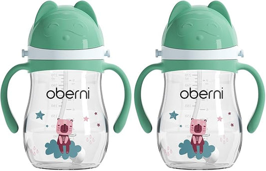 Tritan Sippy Cup, 270ml/9oz Baby Water Drinking Bottle with Removable Handle and Strap, Leak-Proof Training Cup for 12M+/1 Years+ Toddlers, Green/Pack of 2