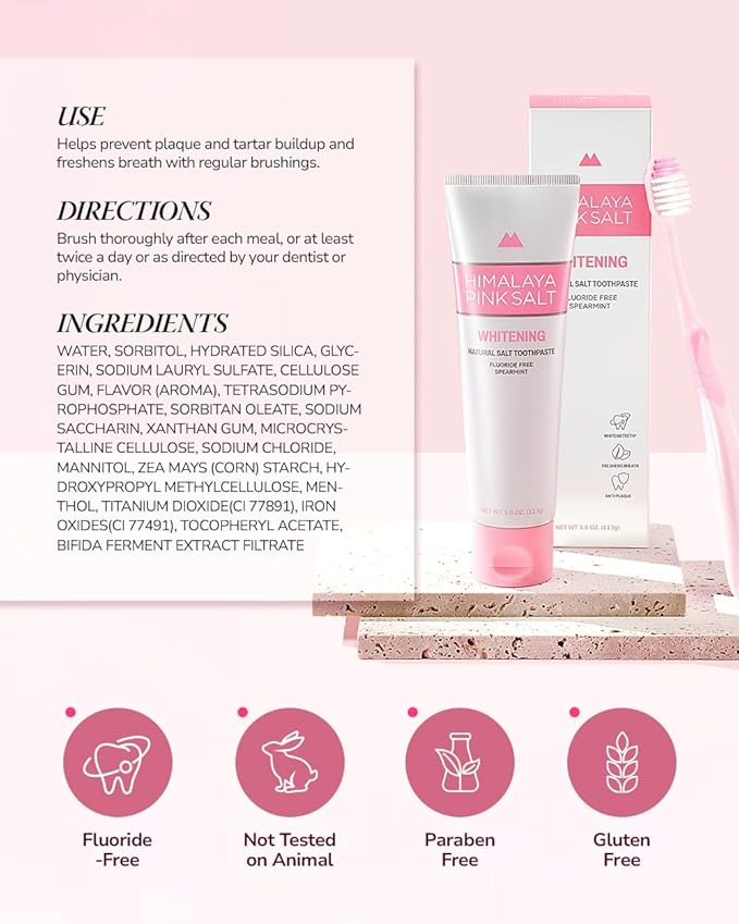 HIMALAYA PINKSALT Natural Whitening Toothpaste, 3.9 OZ (Pack of 2)- Fluoride Free I Natural Toothpaste for Teeth Whitening I Gum Health Care I Plaque Remover I Spearmint Flavor