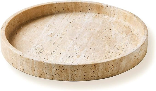 Natural Travertine Marble Vanity Tray for Bathroom,Kitchen, Dresser, Counter, Home Decor Round Stone Decorative Tray for Candles, Perfumes, Jewelry, Plants,Organiser Dish Beige